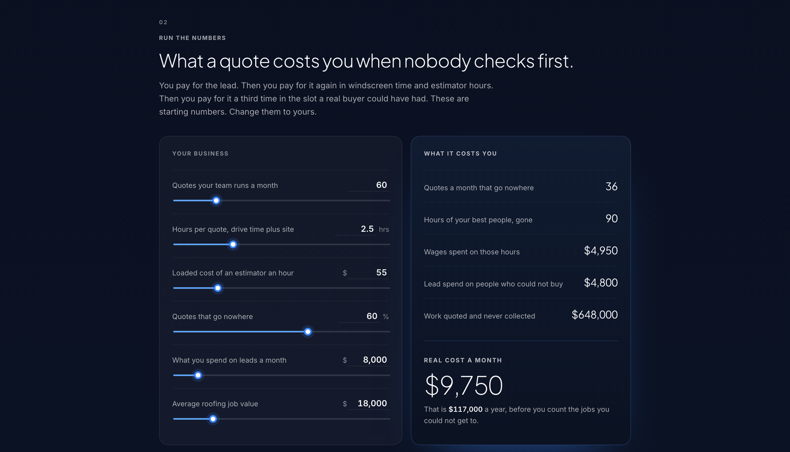 The calculator inside a product brief, where a business owner puts in their own numbers.